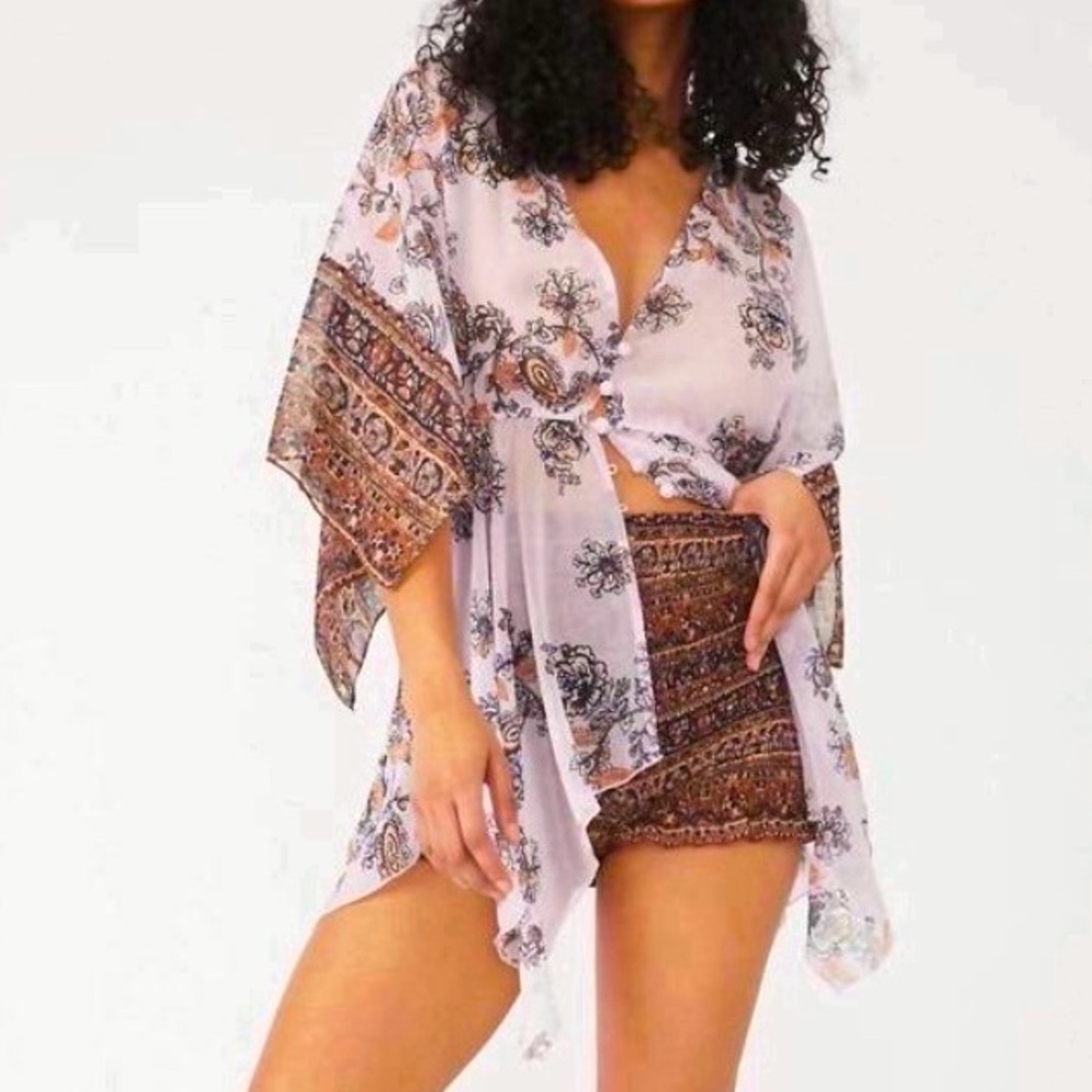 FREE PEOPLE DREAM STATE SET VINTAGE FLORAL PRINT FLOWY TOP AND SHORTS LAVENDER S